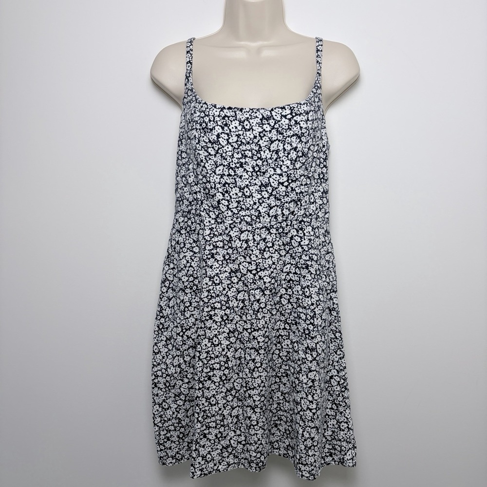 Old Navy Women Linen Sun Dress Sz M Blue MicroFloral Ditsy Smocked Cottage Twee - Picture 2 of 7